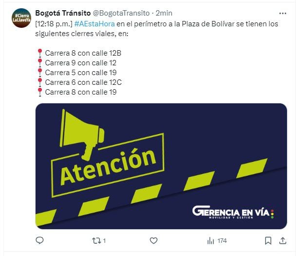 A esta hora varias de las vías estaciones de TransMilenio que estaban cerradas ya se encuentran de nuevo habilitadas - crédito @BogotaTransito/X