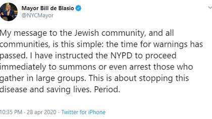 El tweet del alcalde Bill De Blasio