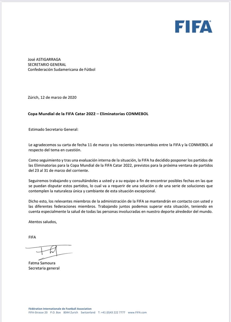 La carta de la FIFA en la que se oficializa la postergación de las dos primeras fechas de las Eliminatorias