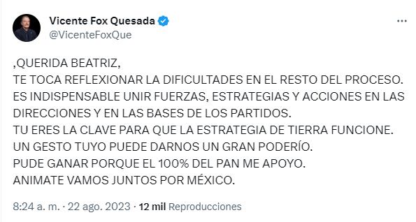 Mensaje de Vicente Fox a Beatriz Paredes para que se sumen con el PAN (Captura de Pantalla)