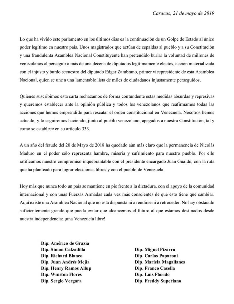 La carta de los diputados perseguidos por el rÃ©gimen de Maduro