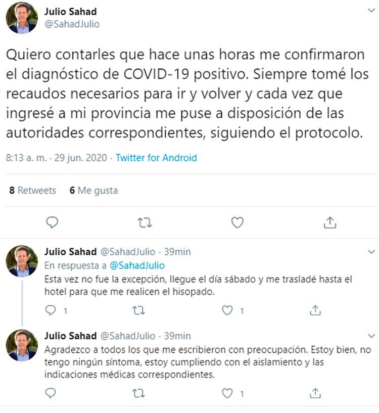 La confirmación oficial del contagio, en la cuenta de Sahad en las redes sociales