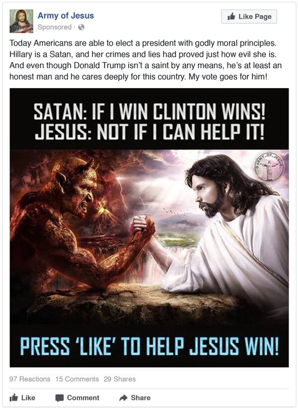 “Satán: si gano, gana Clinton. Jesús: no si yo puedo ayudar”. Presione ‘me gusta’ para ayudar Jesús a ganar'”, se lee en uno de los mensajes difundidos a través del grupo de Facebook Army of Jesus, uno de los muchos que fueron creados en las oficinas del IRA.