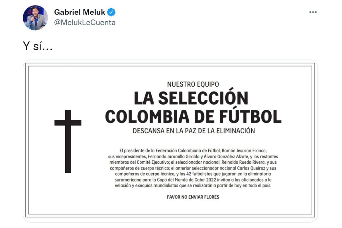 Publication of Colombian journalist Gabriel Meluk for the elimination of Colombia.