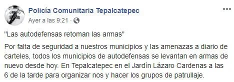 La policía comunitaria de Tepalcatepec anunció un resurgimiento (Foto: Facebook/Policía Comunitaria Tepalcatepec)