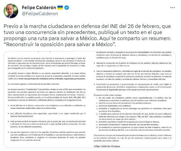 Felipe Calderón propuesta para salvar a la oposición