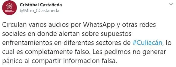 El secretario de Seguridad Pública desmintió los audios donde advertían de un enfrentamiento en Culiacán (Foto: Twitter/Mtro_CCastaneda)