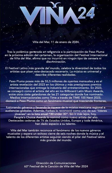 Fue a través de este comunicado que se confirmó la presencia de Peso Pluma en el Festival de Viña del Mar (Instagram/@elfestivaldevina)