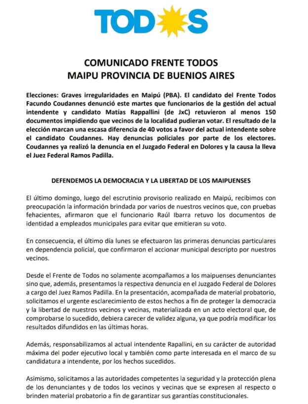 Comunicado del Frente de Todos en el que denuncian que funcionarios municipales les "retuvieron" el DNI a ciudadanos para "impedirles votar" contra el actual intendente. 