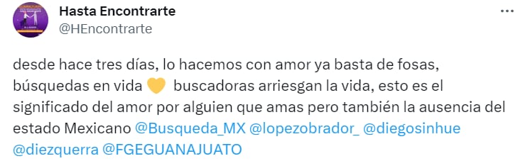 El colectivo "Hasta Encontrarte" afirma que en Guanajuato hay una ausencia del estado mexicano. (Captura de pantalla/Twitter "Hasta Encontrarte").