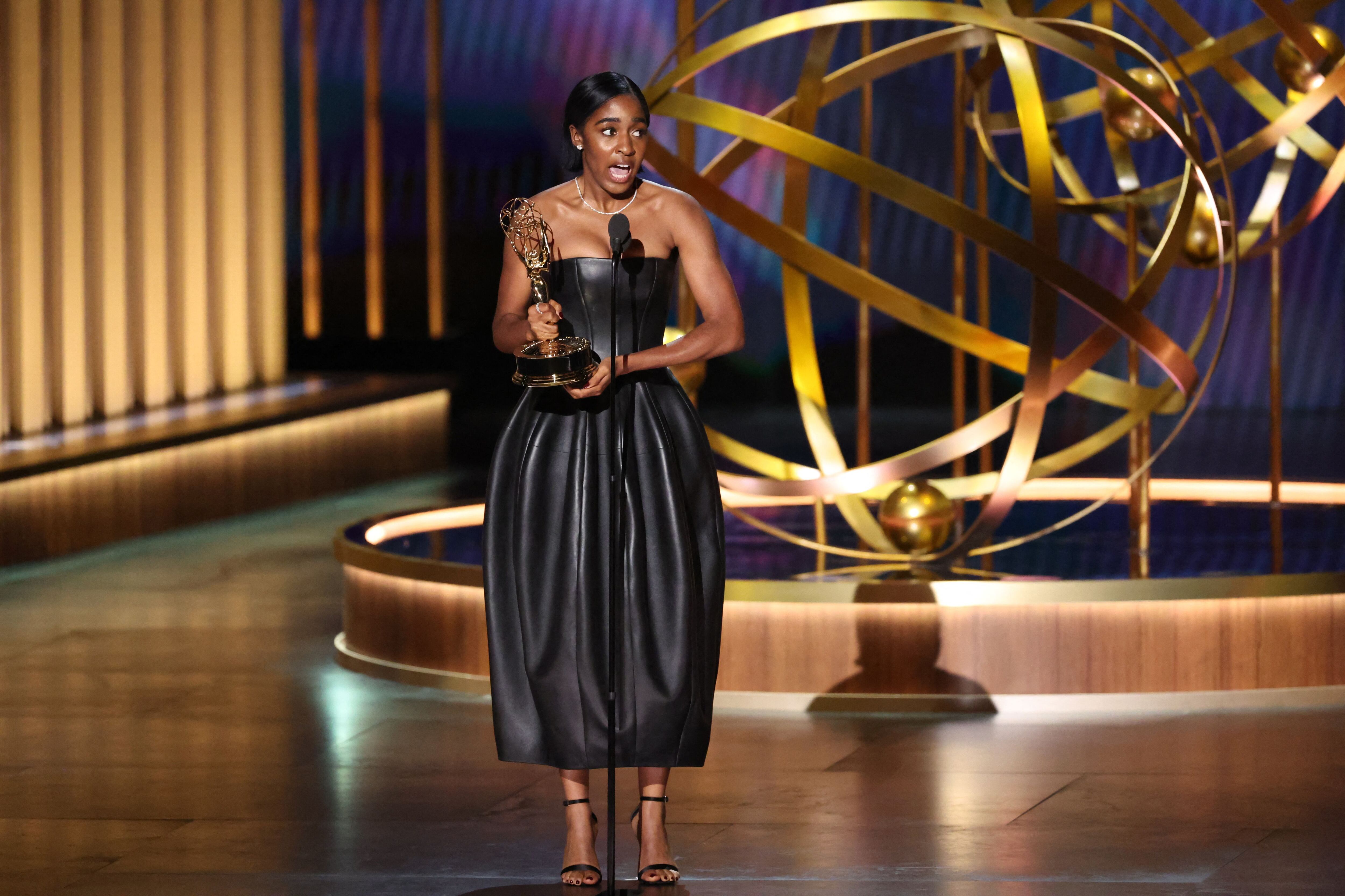Ayo Edebiri accepts the award for Supporting Actress in a Comedy Series "The Bear" at the 75th Primetime Emmy Awards in Los Angeles, California, U.S. January 15, 2024. REUTERS/Mario Anzuoni