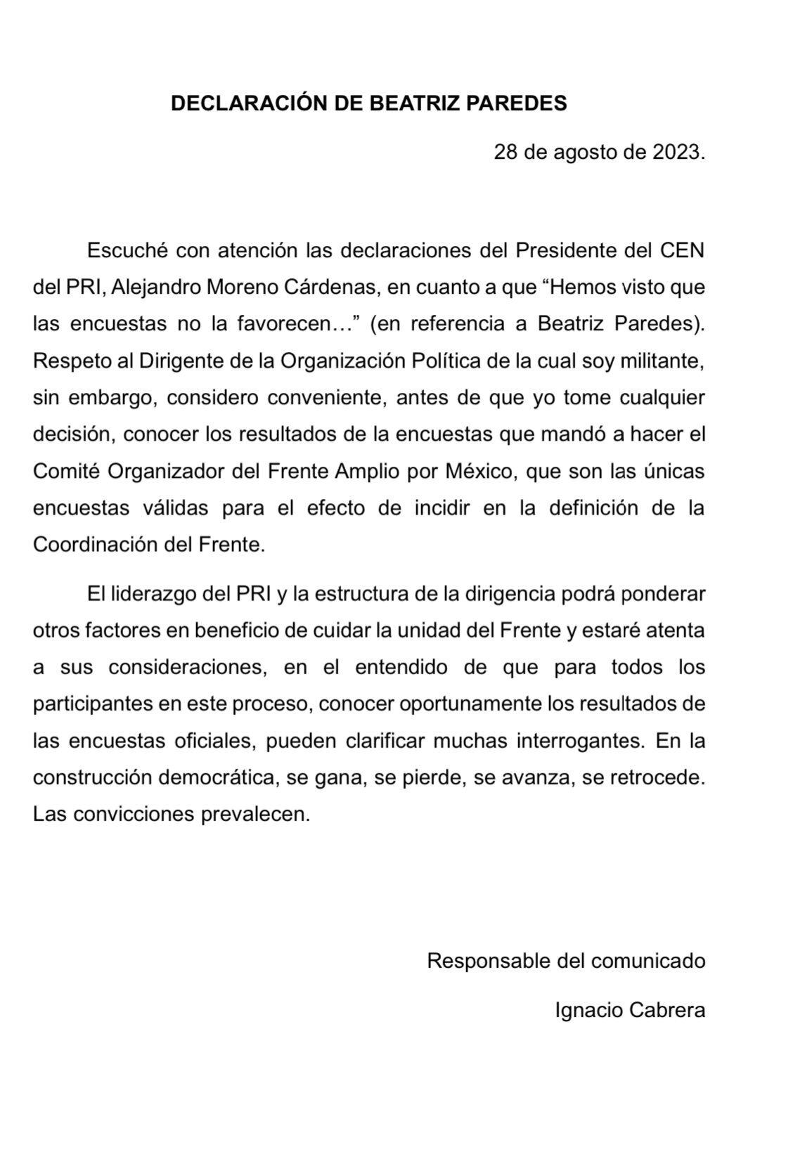 Beatriz Paredes respondió a Alito Moreno (Beatriz Paredes/Cortesia)