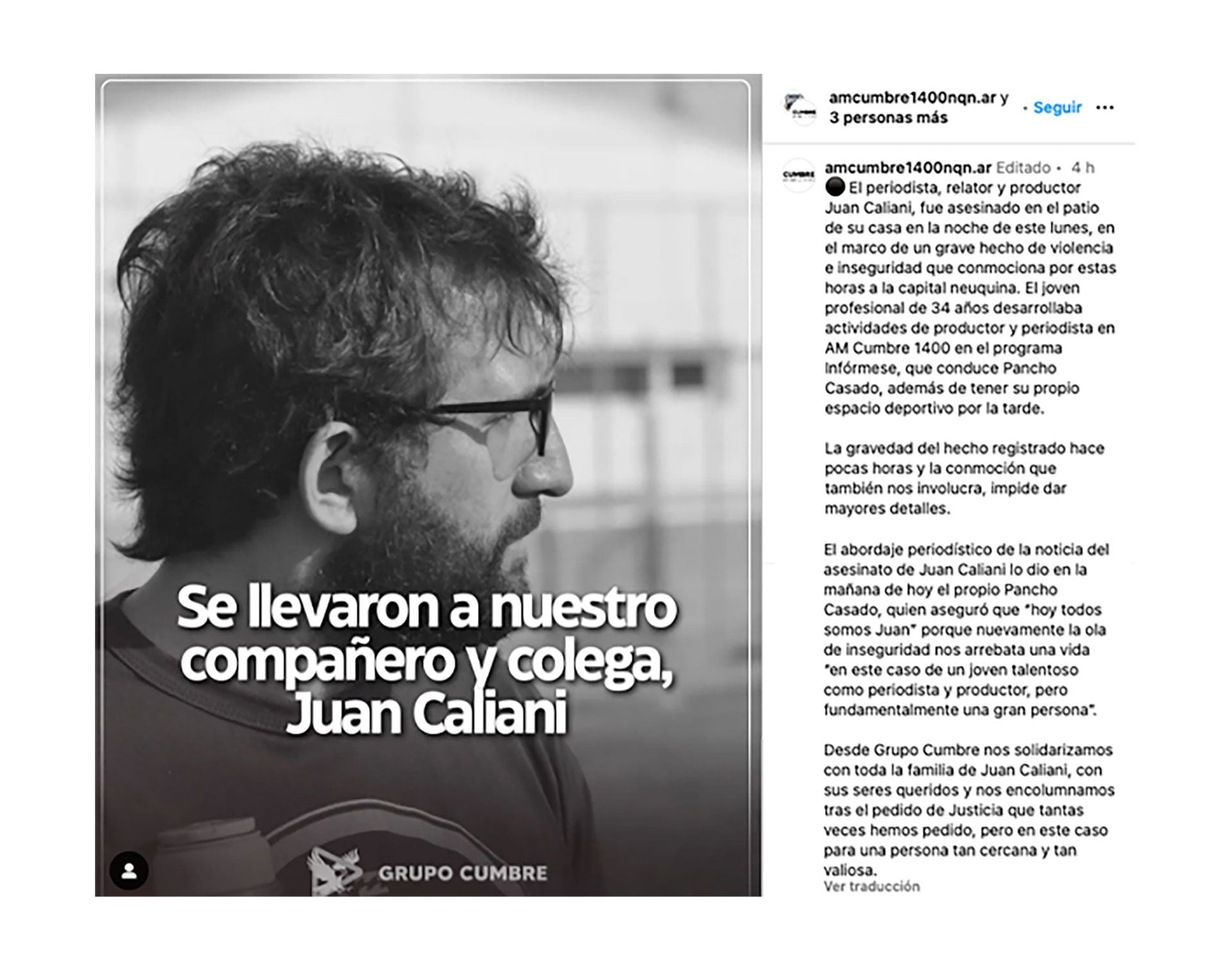 El posteo de la radio donde trabajaba la víctima