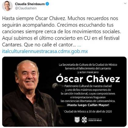 La jefa de Gobierno de la capital mexicana emitió un mensaje recordando al cantante (Foto: Twitter@Claudiashein)