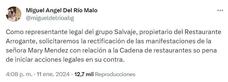 Miguel Ángel Del Rio confirmó en sus redes sociales que ordenó una rectificación de Mary Méndez por sus comentarios en La Red acerca del restaurante de James Rodríguez - crédito @migueldelrioabg/X
