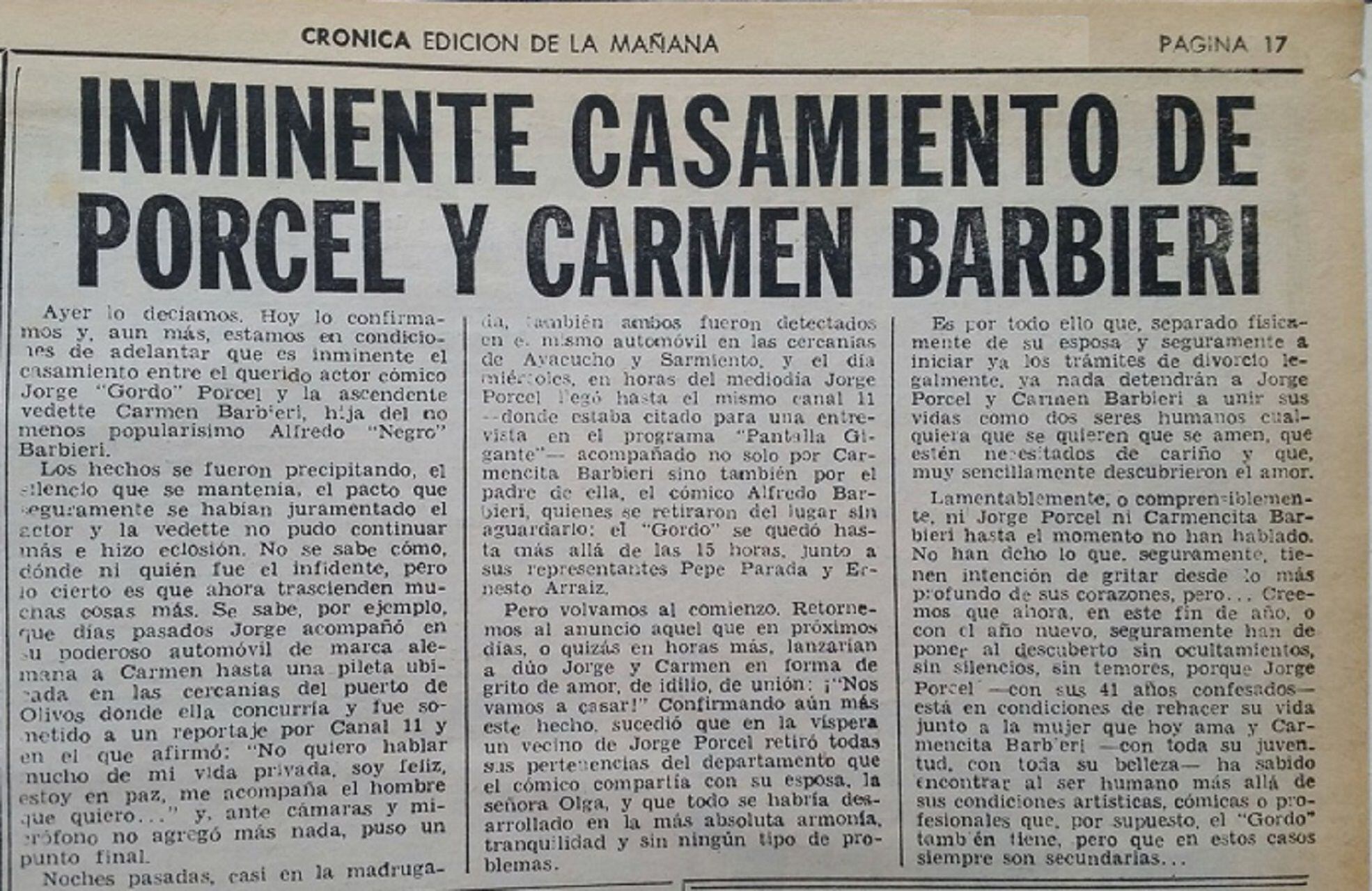 El día que Crónica anunciaba en el diario el "inminente casamiento entre Jorge Porcel y Carmen Barbieri"