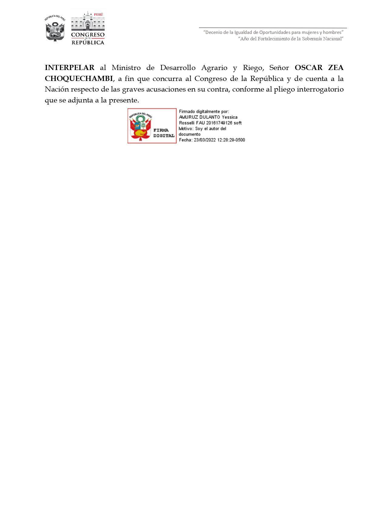 Antrag auf Interpellation gegen Minister Zea.