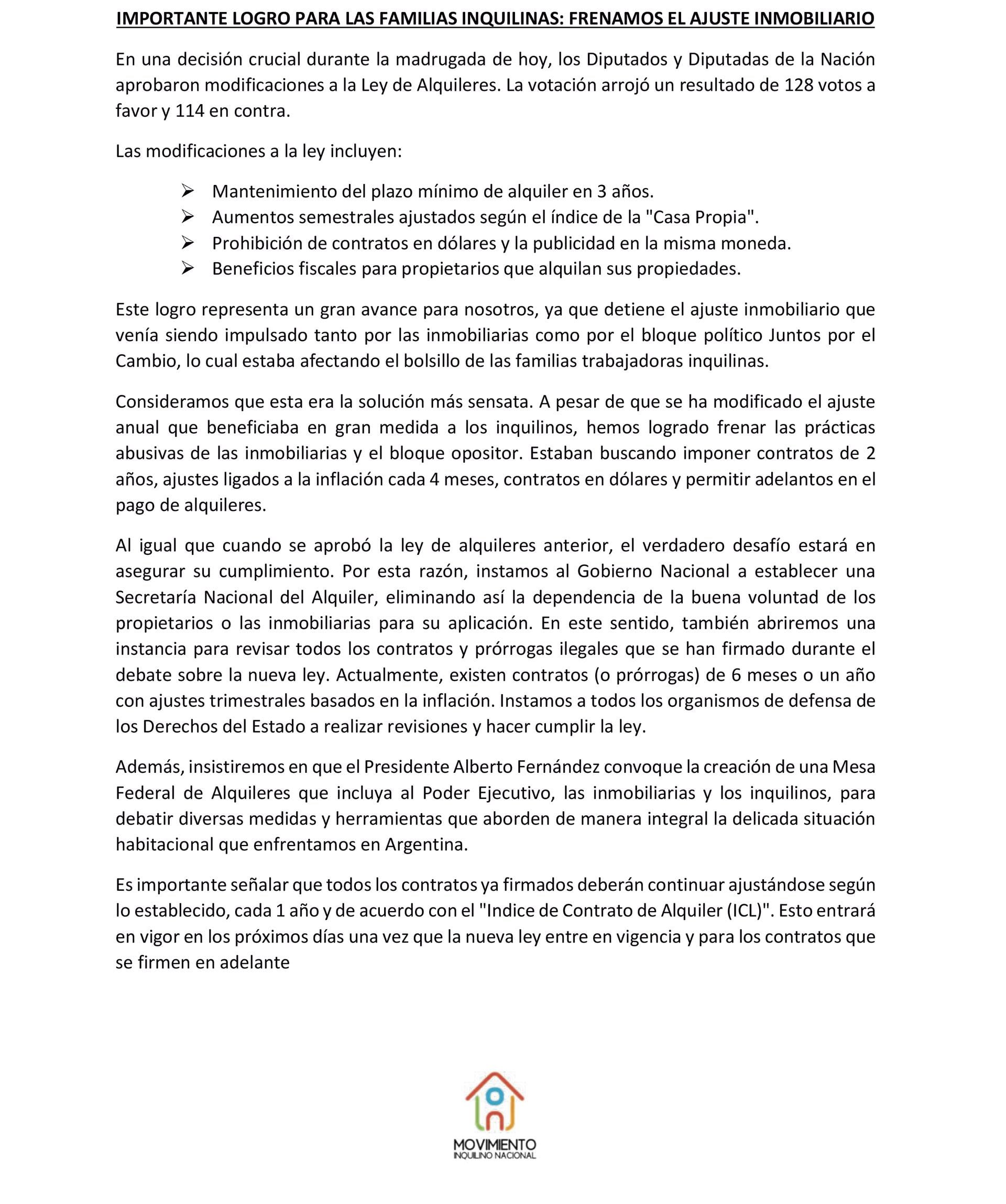 Parte del comunicado que emiti el Movimiento Inquilino Nacional 