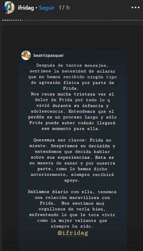 El mensaje de Beatriz Pasquel en defensa de Frida Sofía. (Captura de Pantalla: Instagram @ifridag)