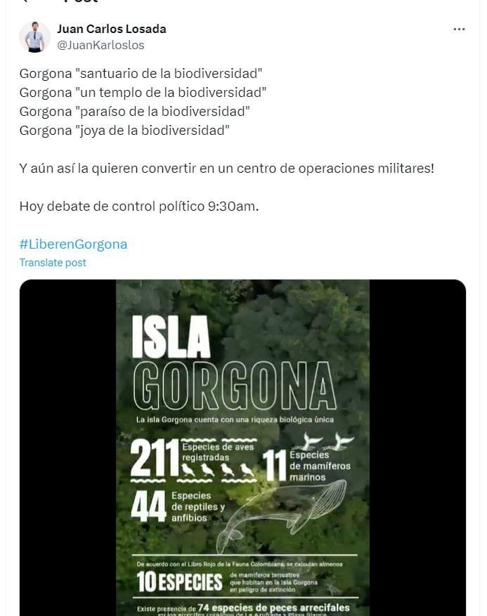 Juan Carlos Losada habla del debate de control sobre construcción militar en Gorgona - crédito @JuanKarloslos