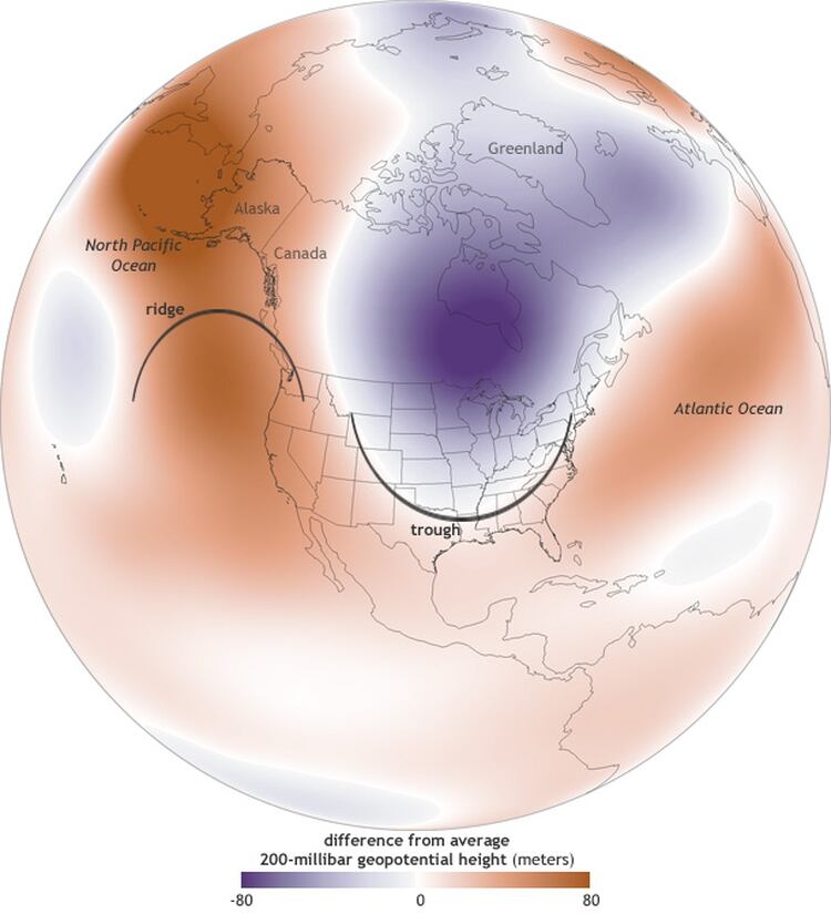 Chorro polar entre noviembre de 2013 y julio 2014 (NOAAClimate.gov)