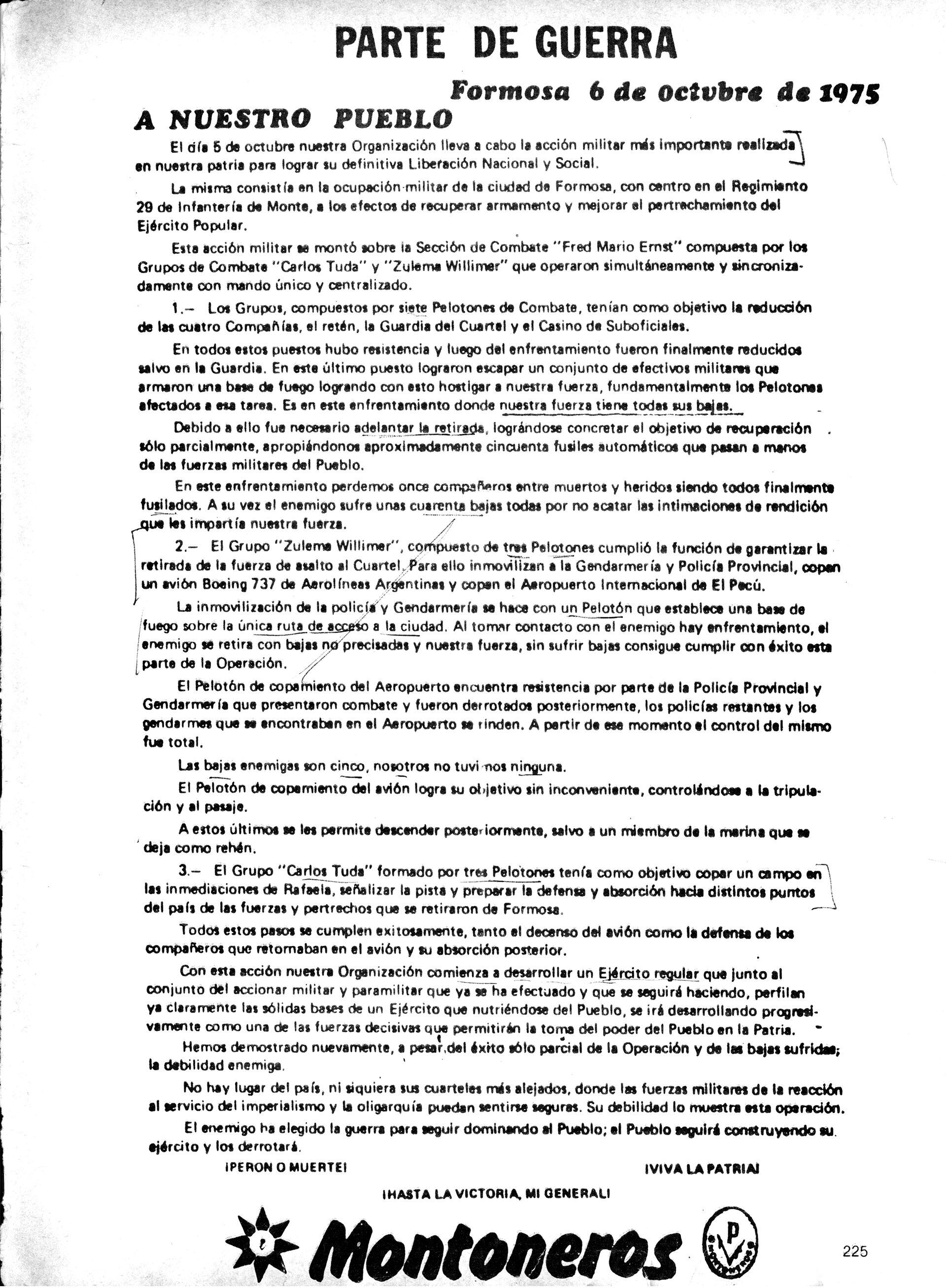 En su parte de guerra, montoneros destacaron la valentía y el arrojo de los conscriptos