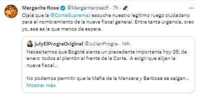Margarita Rosa de Francisco apoyó la realización de plantón para presionar la Corte Suprema en la elección de nueva fiscal general de la nación - crédito @MargaritaRosadf/ X