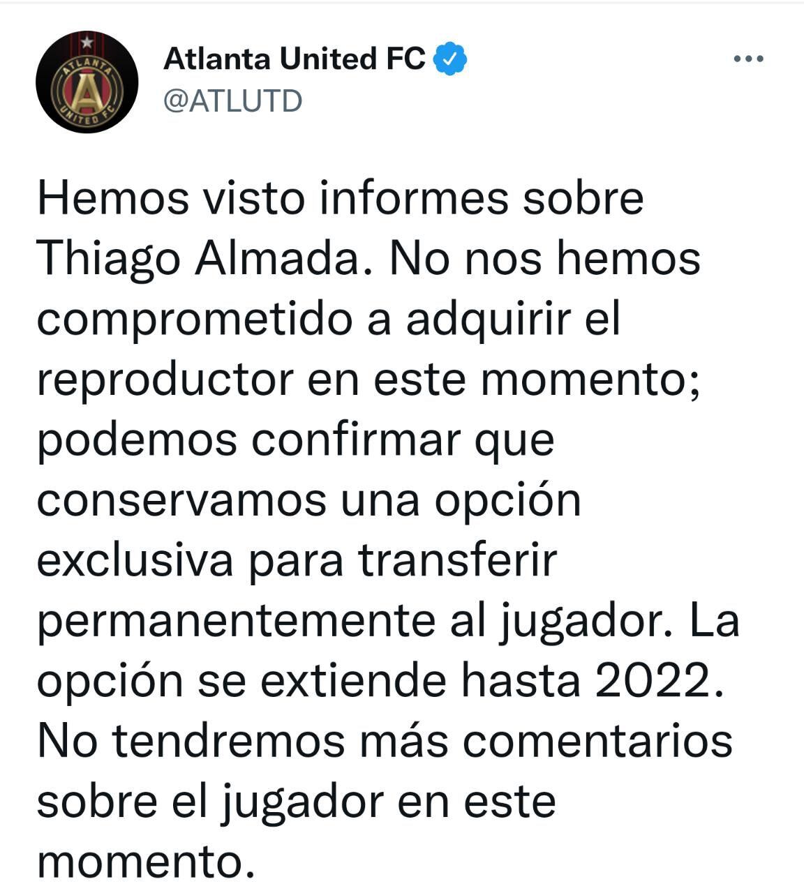 Tuit del Atlanta United sobre información del pase de Thiago Almada