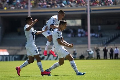 Marco García y Juan Dinneno celebran un gol de Pumas en el Estadio CU.  (Foto: Cuartoscuro)