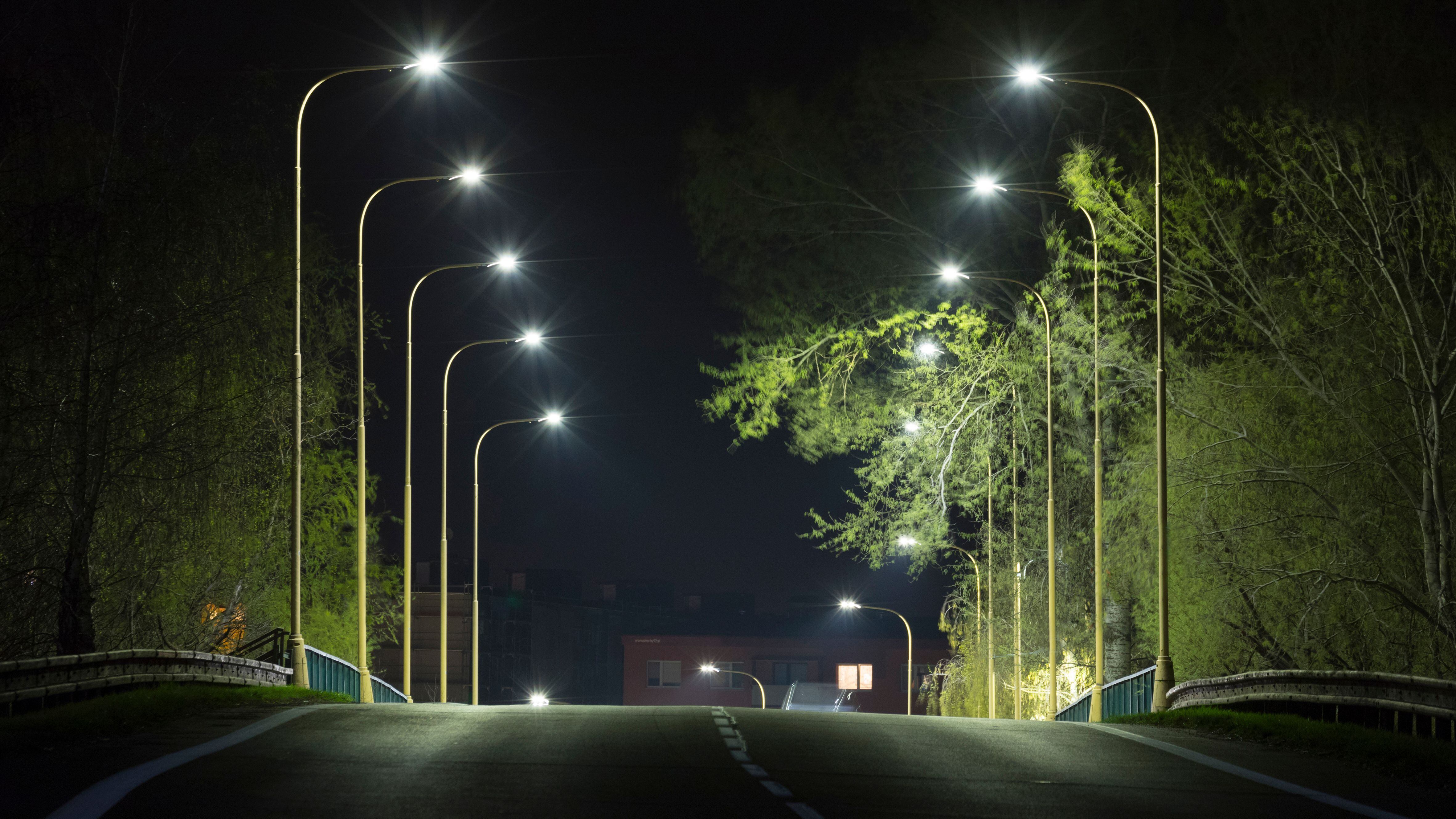 Una carretera iluminada por farolas en la noche (Shutterstock)