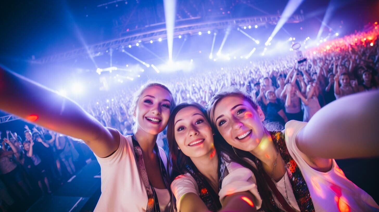 Imagen ilustrativa de un grupo de amigas radiantes tomándose una selfie en un concierto, reflejando la conexión emocional y la alegría compartida en eventos culturales. (Imagen ilustrativa Infobae)