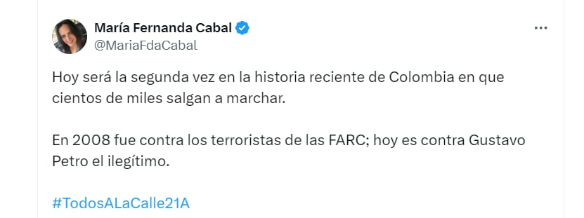 Senadora del Centro Democrático recordó una gran movilización que hubo durante el Gobierno de Uribe - crédito @MariaFdaCabal/X