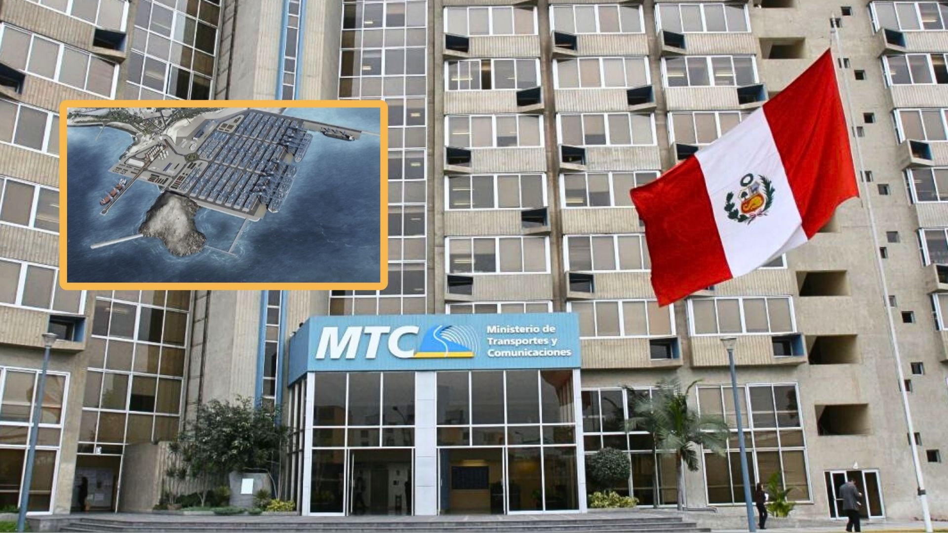 Fachada del MTC con bandera de Perú e imagen del Megapuerto de Chancay