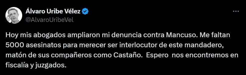 Álvaro Uribe espera encontrarse con Salvatore Mancuso en la Fiscalía General de la Nación y en los juzgados - crédito @AlvaroUribeVel/X