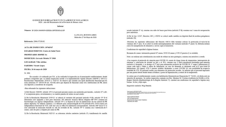 El acta firmada por la auditora de la Regional VIII de PAMI y la Dirección de Fiscalización Sanitaria del Ministerio de Salud Bonaerense