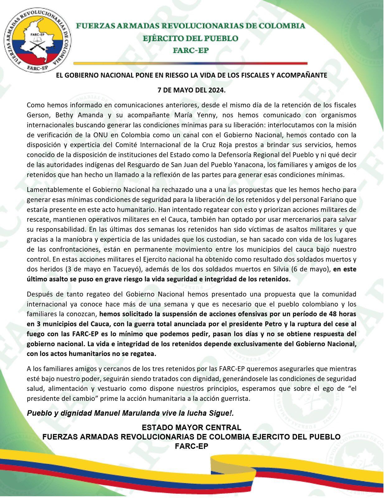 Disidencias de las Farc pidieron una suspensión de acciones ofensivas durante 48 horas en tres municipios del Cauca - crédito @FARCEP_