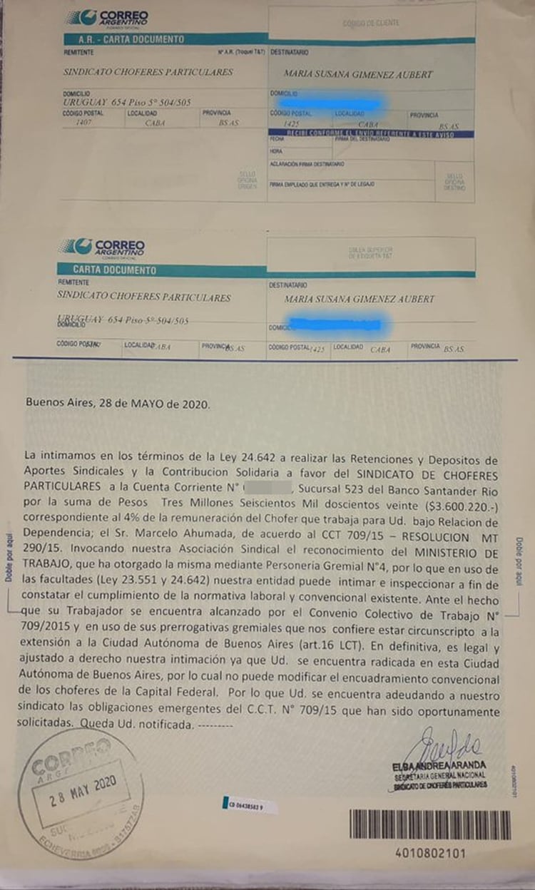 La carta documento dirigida a Susana Giménez