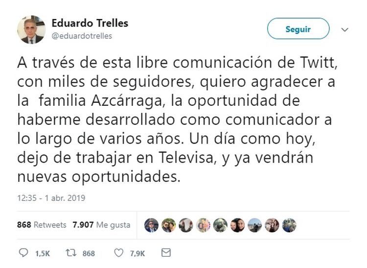 Trelles, uno de los mÃ¡s veteranos de la empresa, anuncia su salida (Twitter: Eduardo Trelles)