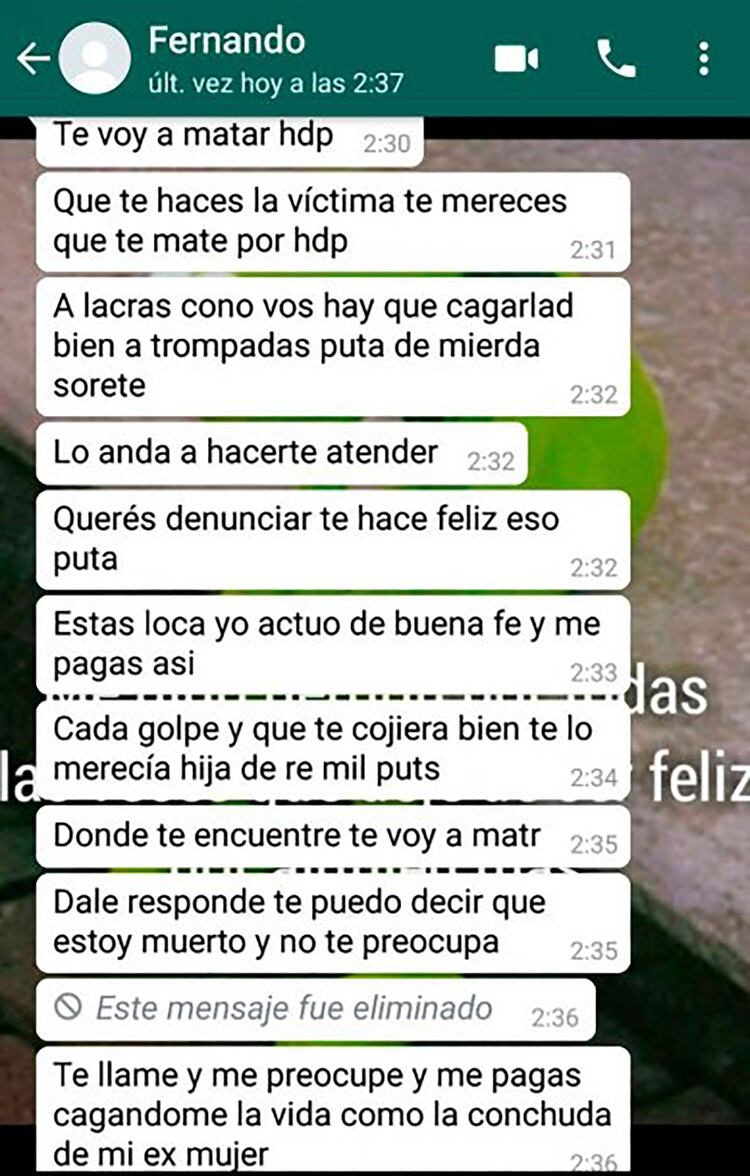 Una de las amenazas que recibió Rinaldi por WhatsApp.