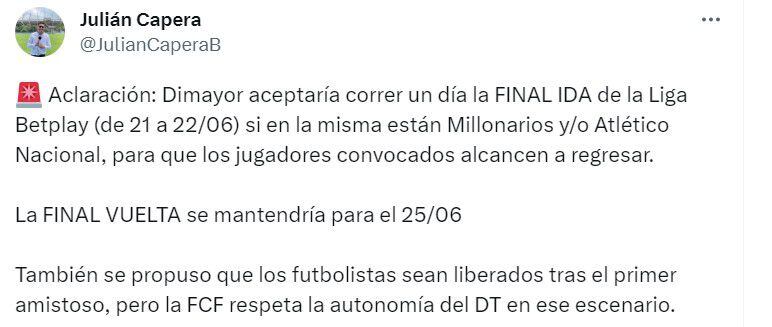 Final de la Liga Betplay se aplazaría un día en su duelo de ida, por los convocados en selección Colombia