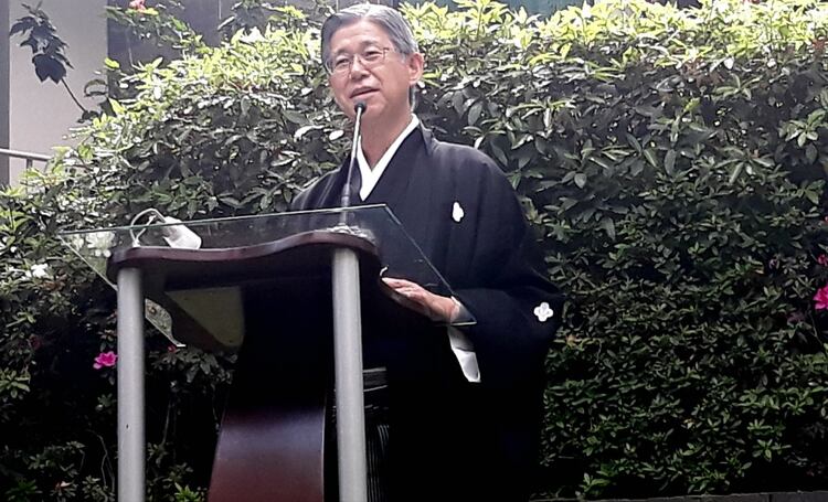 El embajador Takase durante su discurso por la Fiesta Nacional de Japón, en la Ciudad de México (Infobae)
