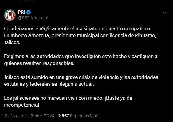 El PRI reaccionó al asesinato de Humberto Amezcua. |Captura de pantalla
