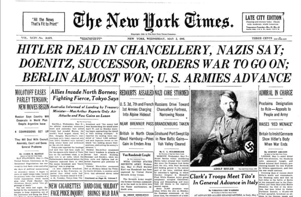 Así el New York Times anunciaba la muerte de Hitler el 2 de mayo de 1945