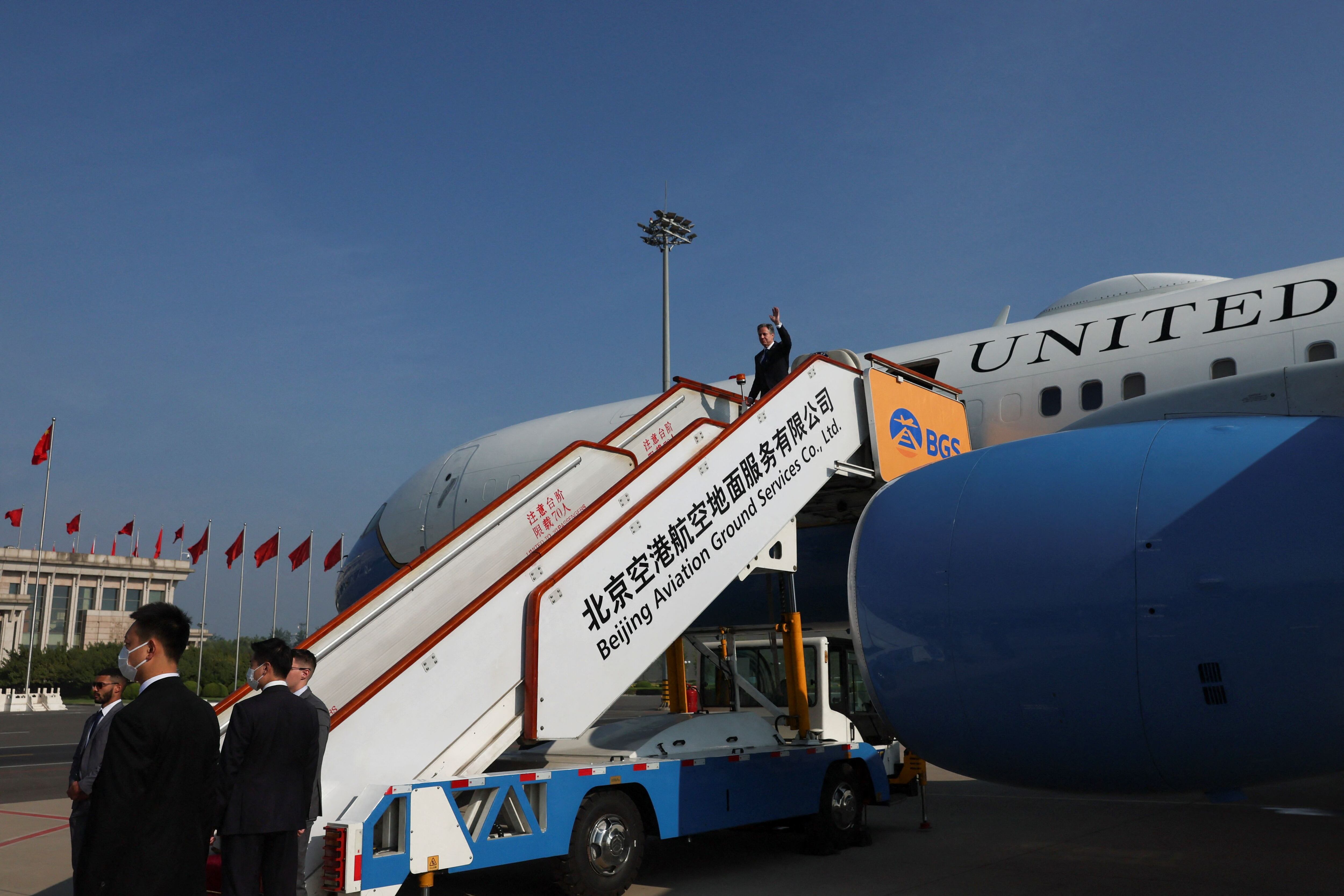 Antony Blinken arribando a Bejing. REUTERS/Leah Millis/Pool