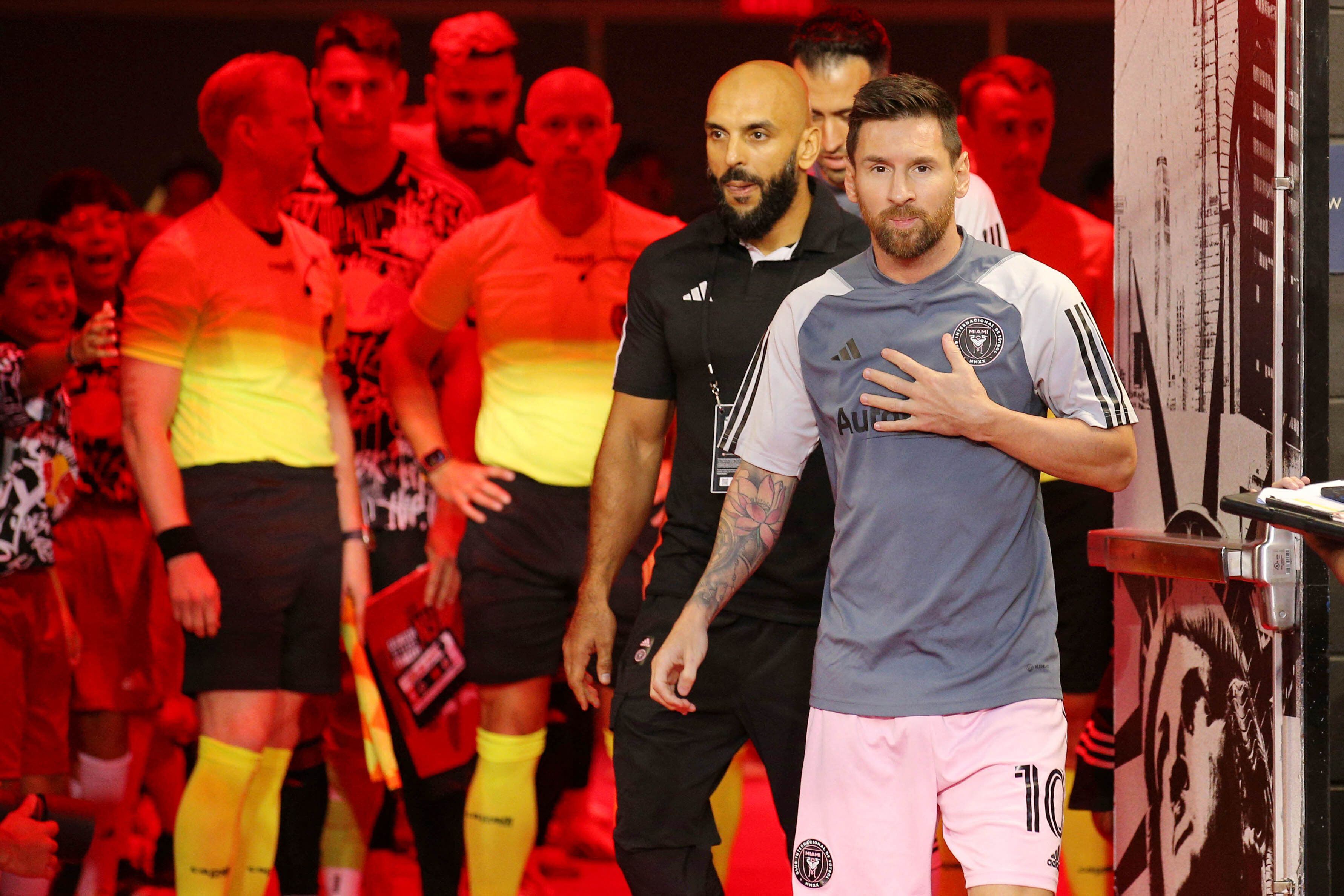 Aug 26, 2023; Harrison, New Jersey, USA; Inter Miami CF forward Lionel Messi (10) walks in the tunnel before the game against the New York Red Bulls at Red Bull Arena. Mandatory Credit: Brad Penner-USA TODAY Sports