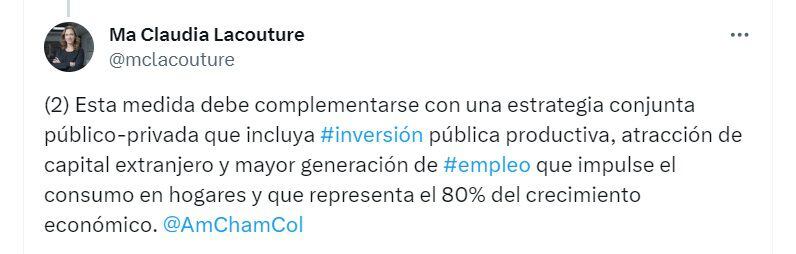 Publicación de María Claudia Lacouture, presidenta ejecutiva de AmCham Colombia, sobre la reducción de la tasa de interés del Banco de la República - crédito @MClacouture/X
