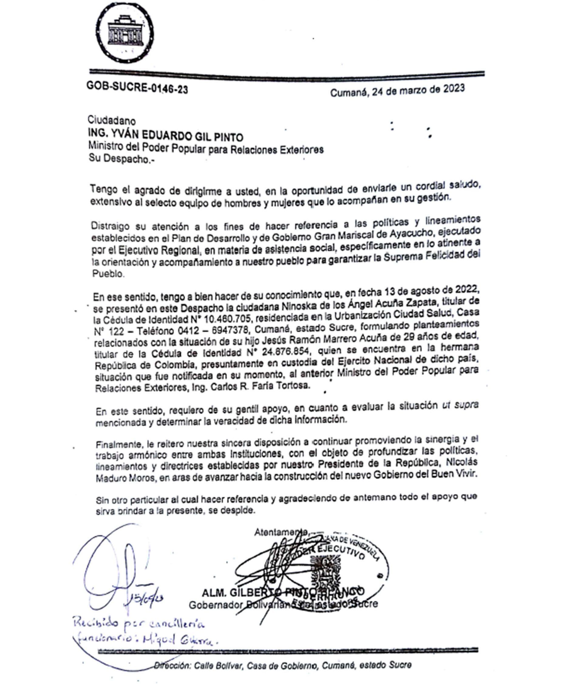 El gobernador Gilberto Pinto notificó a la Cancillería