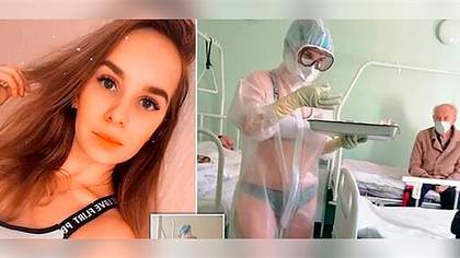 A la derecha, una de las fotos de la enfermera Nadia que se viralizaron en redes sociales (@newstularu)
