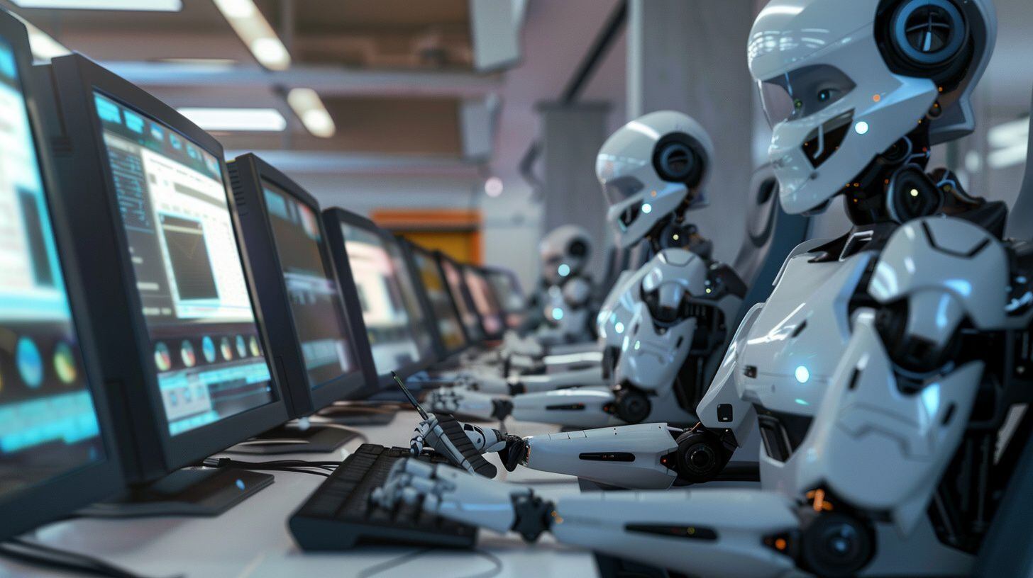 Robots AI, escriben artículos periodísticos, notas en ordenadores de una oficina - (Imagen Ilustrativa Infobae)