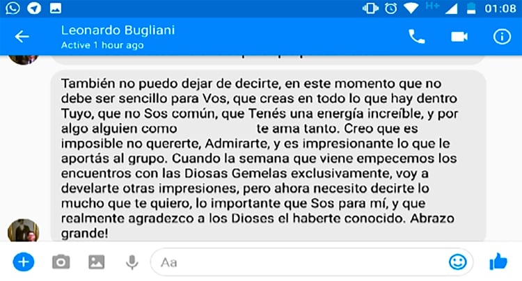 Chat de Facebook de Bugliani a una de sus alumnas.